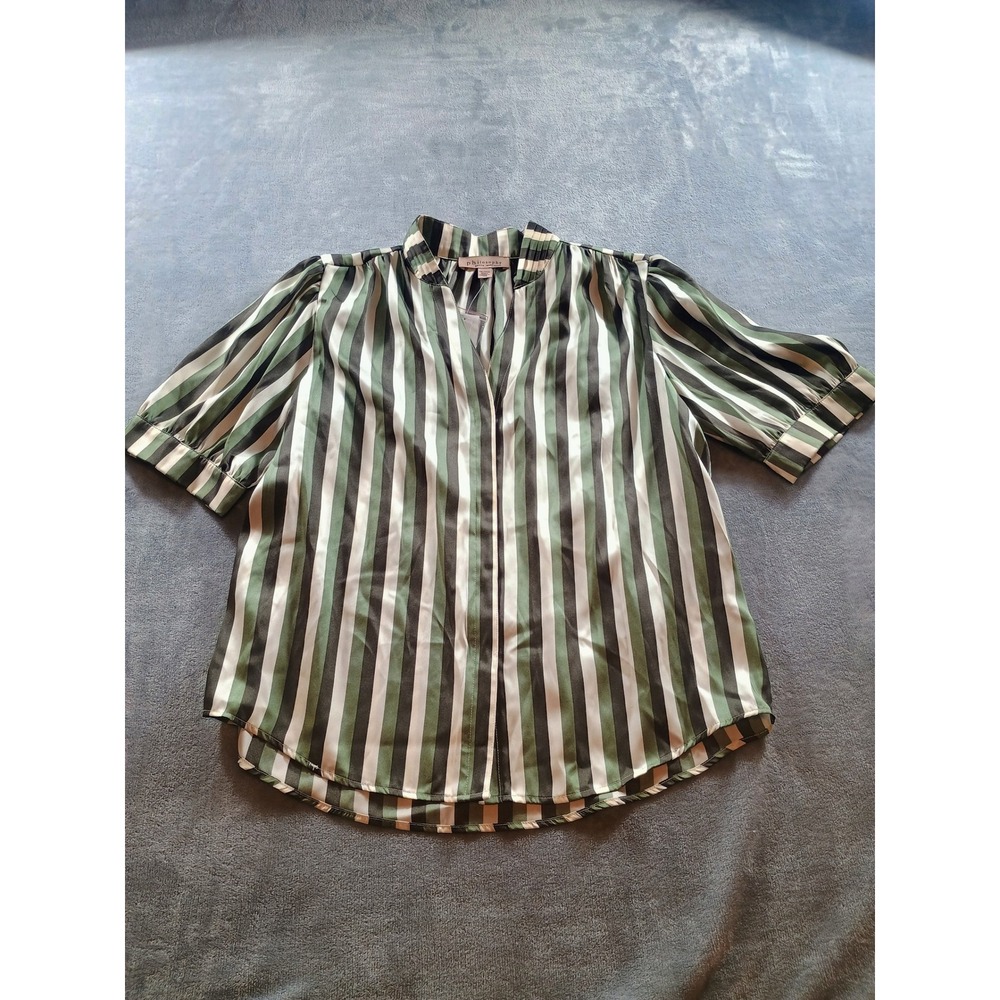 Philosophy Petite Womens Blouse‎ Green Striped PXL Short Sleeve V-Neck NWT